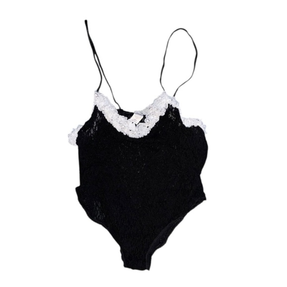 VTG all lace body suit with white lace trim stretchy made in‎ USA size large